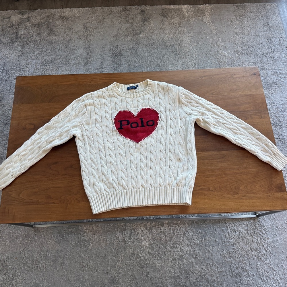 Polo Ralph Lauren Women Cable Knit Sweater Cream Heart Logo Size M 165/92A